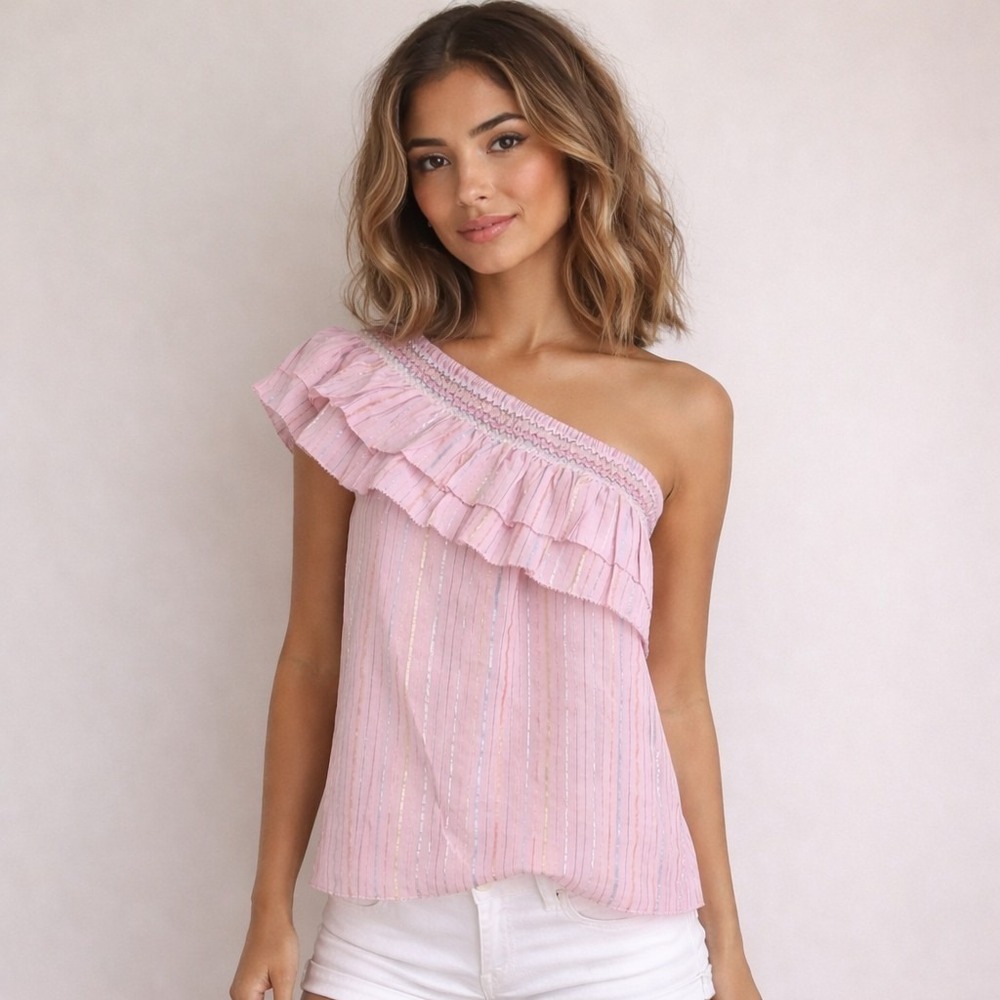 SAYLOR Size Small Striped One Shoulder 'Yaya' Top Smocked Tiered Ruffle Blouse